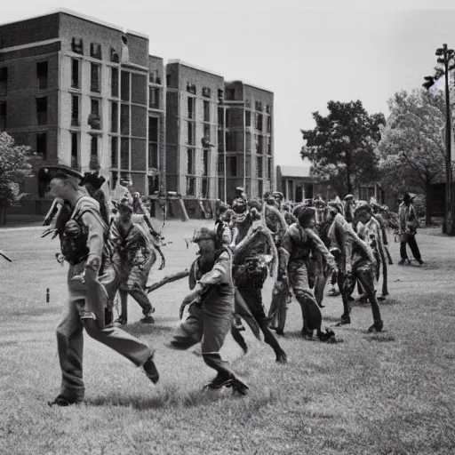 Image similar to university campus during zombie invasion, circa 1 9 4 5, hd, award - winning