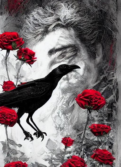 Image similar to portrait, A crow with red eyes in front of the full big moon, book cover, red roses, red white black colors, establishing shot, extremly high detail, foto realistic, cinematic lighting, pen and ink, intricate line drawings, by Yoshitaka Amano, Ruan Jia, Kentaro Miura, Artgerm, post processed, concept art, artstation, matte painting, style by eddie mendoza, raphael lacoste, alex ross