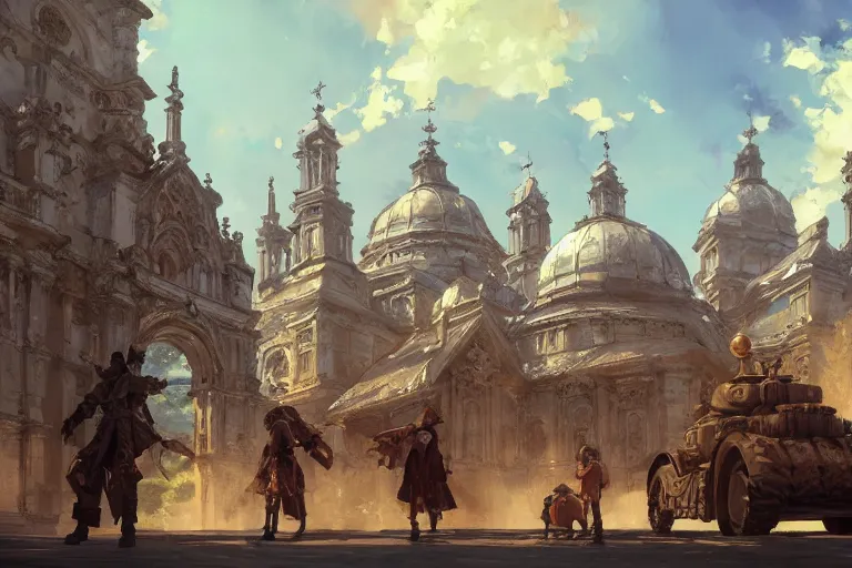 Image similar to an ornate baroque church with tank chains, scene in an open field. key visual, conceptart, ambient lighting, highly detailed, digital painting, artstation, concept art, sharp focus, by makoto shinkai and akihiko yoshida and greg manchess