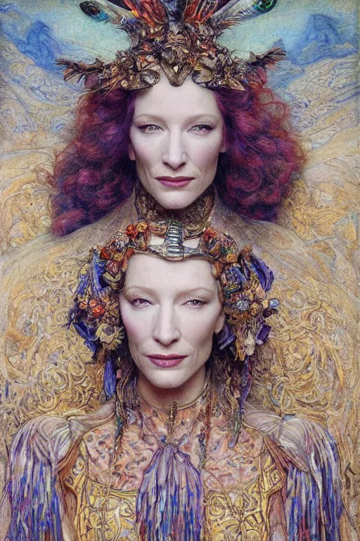 Image similar to cate blanchett , by jean delville and Gaston Bussière and Tino Rodriguez and Diego Rivera , elaborate headdress and embroidered velvet, iridescent beetles, rich color, dramatic cinematic lighting, extremely detailed