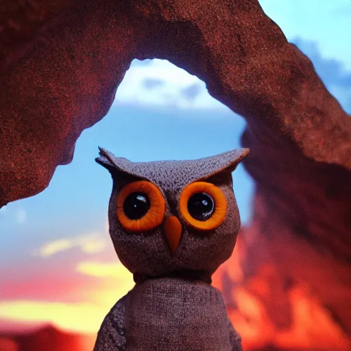 Prompt: a doll of an owl in a cave with a sunset, professional photo, professional lighting, HDR, trending on artstation