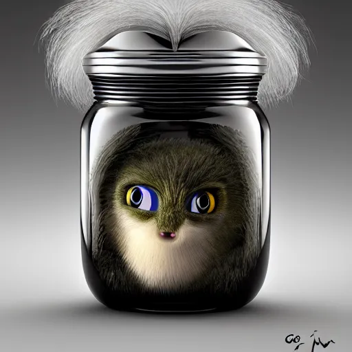 Image similar to cutie fluffy creature with big eyes in a jar, digital art, 3 d, octave render, masterpiece, mega detailed, pixar, disney, vivid illustration, fantasy, by george stubbs, frederic leighton, james jean