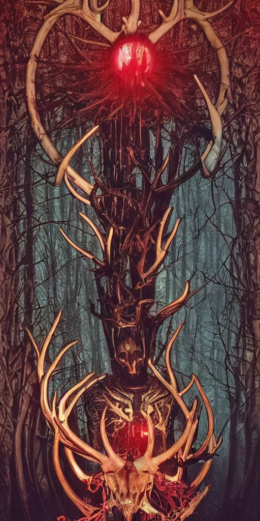 Prompt: intense glowing black metal pagan god with antlers and blood and intense glowing eyes with a bull skull in very dark forest by giger and alphonse mucha, portrait, fantasy, clear, red and teal and shining gold, light beams, lens flare, intense, uhd, amazing depth, cinematic lighting