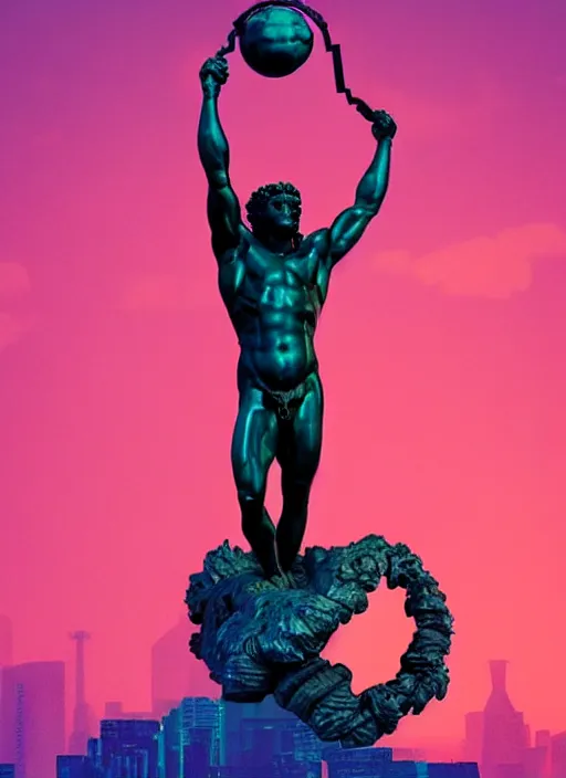 Image similar to statue of atlas holding the world, beeple, vaporwave, retrowave, black background, neon wiring, black, glitch, strong contrast, cuts, pinterest, trending on artstation