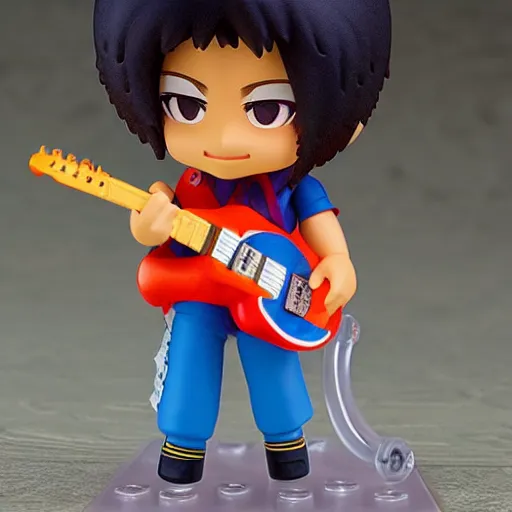 Image similar to jimi hendrix as nendoroid! with guitar on fire, 8 k hd dof, kodak film,