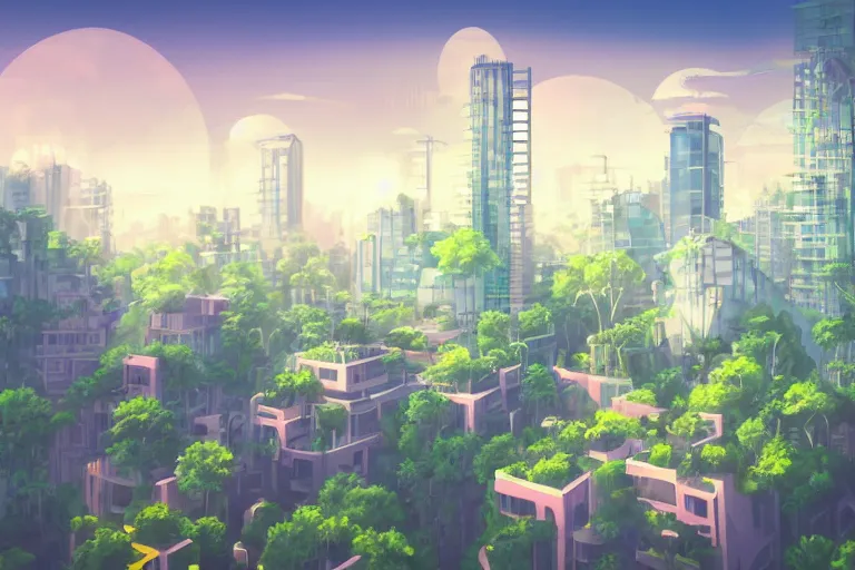 Image similar to futuristic city, lush vegetation, humid, early evening, diagonal view, geometric buildings, cloudy, beautiful, dull pastel colors, realistic, foggy, dreamy, nostalgic, bright, studio ghibli style