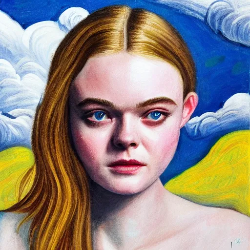 Image similar to professional painting of Elle Fanning in the style of Jeffrey Smith, head and shoulders portrait, symmetrical facial features, smooth, sharp focus, illustration, intricate, stormy weather, extremely detailed masterpiece,