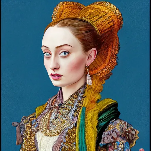 Prompt: a detailed portrait of a fashionable sophie turner wearing a javanese victorian outfit the style of william blake and norman rockwell, kubrick, vibrant color scheme, artstationhd, blue eyes