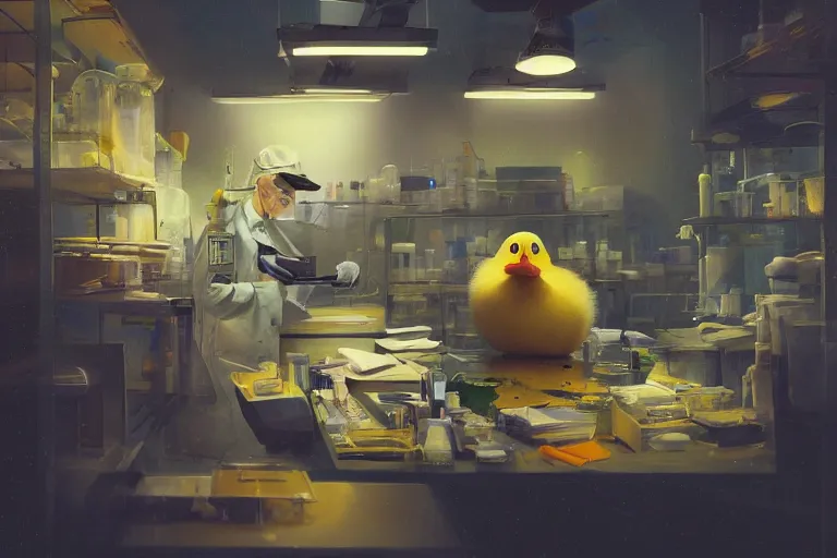 Image similar to A mixed media painting of a scientist duck working in a pcr and microbiology lab, by Frank Frazetta, Greg Rutkowski, Beeple, kawaii, post-processing, low angle, masterpiece, cinematic, isometric, volumetric lighting