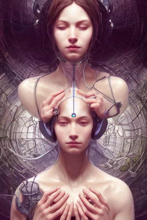 Image similar to beautiful and enigmatic ai held captive in a remote research facility. vulnerability and innocence, ultra realistic, sharp details, subsurface scattering, intricate details, warm lighting, beautiful features, highly detailed, photorealistic, octane render, 8 k, unreal engine, art by artgerm and greg rutkowski and alphonse mucha