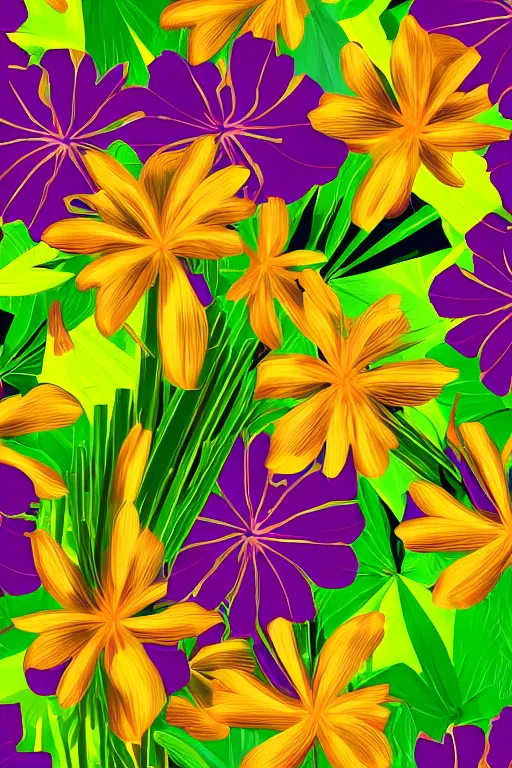 Image similar to dark moody vector illustration of tropical flowers and green reeds, multiple cohesive colors ranging from warms purples to bright oranges on a ((very dark background)), 4K resolution, trending on artstation, hd wallpaper