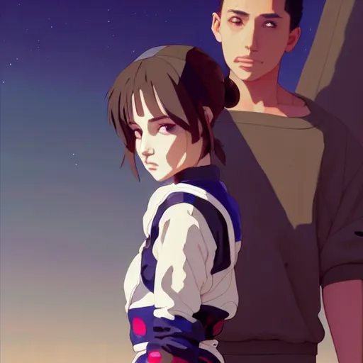 Image similar to a beautiful boyish natalie portman gravure model, wearing oversized mayan bomber jacket and leotard with overalls, bulky poofy bomber jacket with mesoamerican patterns, mesoamerican street fashion, gapmoe yandere grimdark, trending on pixiv fanbox, painted by greg rutkowski makoto shinkai takashi takeuchi studio ghibli, akihiko yoshida