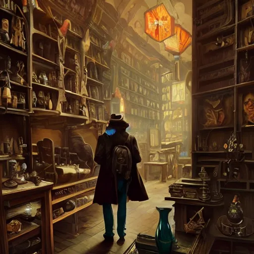 Prompt: brown black coat standing in the old antique shop, deep focus, turnaround, pulp art, fantasy, intricate, elegant, highly detailed, digital painting, artstation, concept art, matte, sharp focus, illustration, hearthstone, art by rhads and artgerm and greg rutkowski and alphonse mucha.