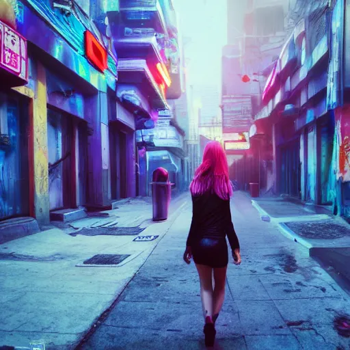 Image similar to a beautiful picture of a girl walking in a cyberpunk street by aurahack, low angle shot, cinematic, colorful, trending on artstation