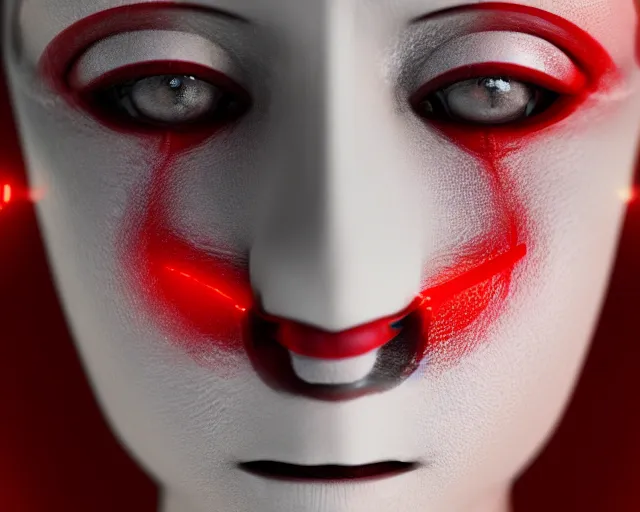 Image similar to a film still of a synthetic female human wrapped in white cloth, red eyes, mouth agape, tribal facepaint, in neotokyo, cinematic lighting, high resolution, 4 k