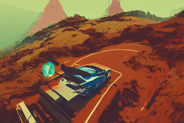 Image similar to rally car ascending a mountain, editorial illustration, isometric, modern art deco, ( ( mads berg ) ), christopher balaskas, victo ngai, detailed, dynamic composition, wide angle, matte print, unreal engine, film grain