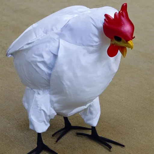 Prompt: chicken wearing prisoner suit