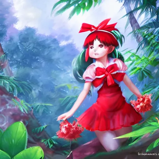 Image similar to a imaginefx artstation of reimu in the jungle wearing bonnet