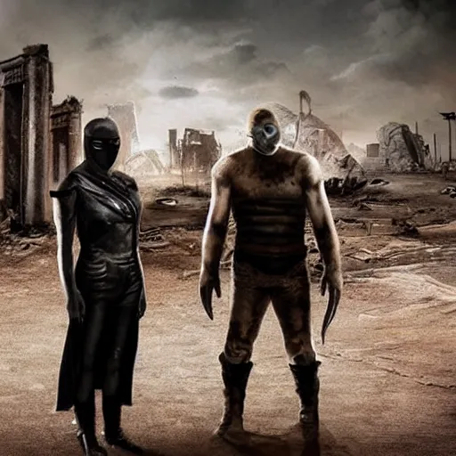 Prompt: a very huge, very big masked mutant man standing next to a small blonde woman, they are staring at the horizon where there are the ruins of a city, postapocalyptic, mad max style, award winning photograph, over the shoulder photo