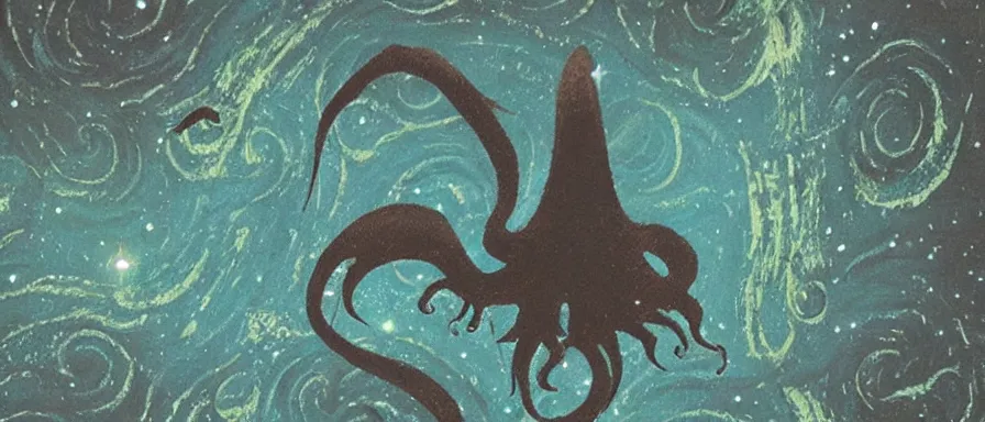 Prompt: Cthulhu in the starry sky, floating hourglass