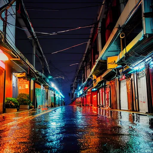 Prompt: rain - soaked alley with messy overhead cables in yongsan district, seoul, south korea, award winning photograph 4 k hd, night - time