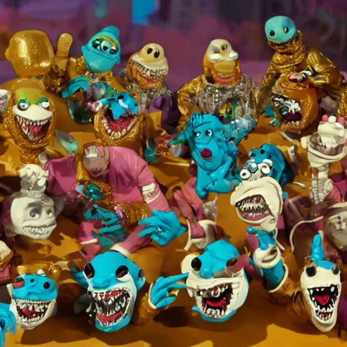 Prompt: hip hop street sharks wearing a ton of bussdown iced gold bling in wallace & gromit claymation