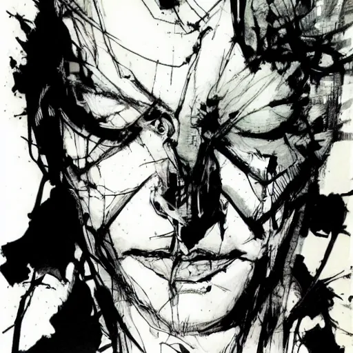 Prompt: DC vertigo The Sandman portrait by Yoji Shinkawa and Ashley Wood, black and white, ink brush