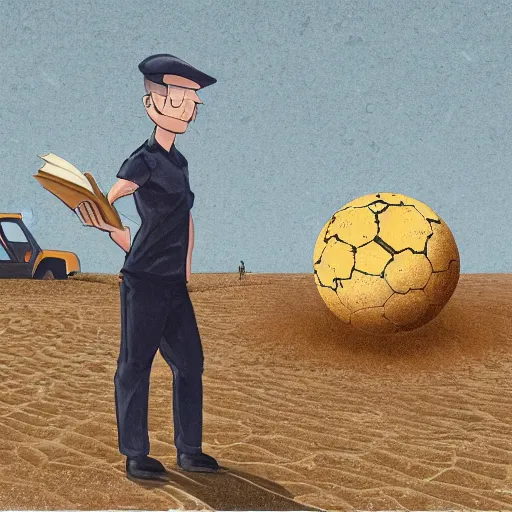 Image similar to in the distance, in the center of a large sandy quarry, a large golden ball lies in the sand, a broken excavator and a man in military uniform standing nearby, stylization of a book illustration, high quality, depth of sharpness, emphasis and focus on the golden ball