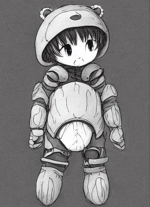 Image similar to beautiful little boy wearing an cyborg bear suit, artwork in kentaro miura and made in abyss and rosdraws, smooth, beautiful lightness, anatomically correct, trending on pixiv, forest