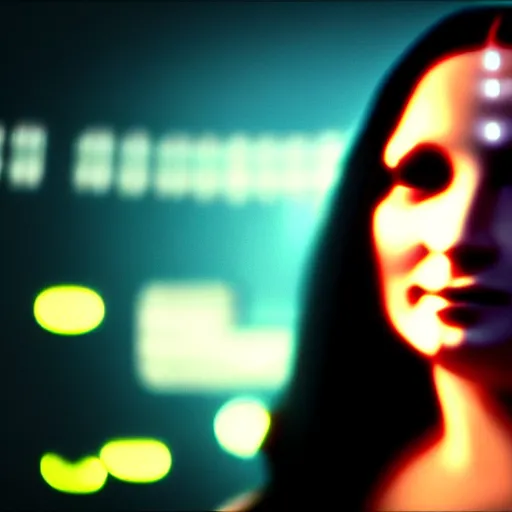 Image similar to cinematic movie still of cybernetic character named Mona Lisa Overdrive in Neuromancer, futuristic eye implant, cyberpunk, Burning Chrome, XF IQ4, 150MP, 50mm, F1.4, ISO 200, 1/160s, twilight in the city