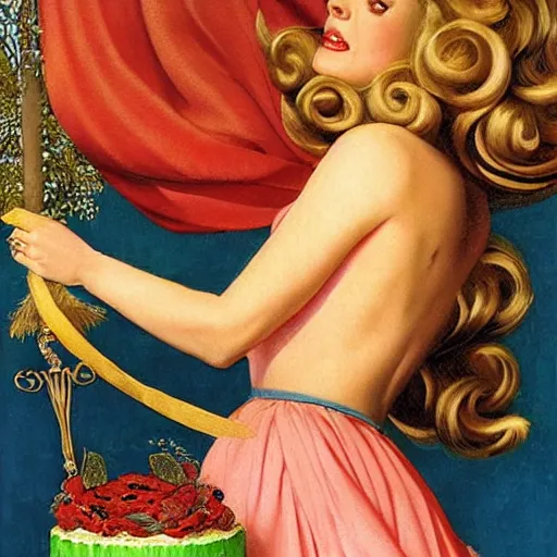 Prompt: jump from the huge cake, long hair, by greg hildebrandt fancy 1 5 century oil painting high quality clothed in fancy garb in pin up style