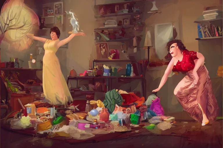 Image similar to a crazy housewife opera singer hurries up to pack daughter's things, surrounded with fire, clothes are flying around, digital art, trending on artstation