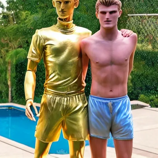 Image similar to a realistic detailed photo of a guy who is an attractive humanoid who is half robot and half humanoid, who is a male android, soccer players martin ødegaard & timo werner, shiny skin, posing like a statue, blank stare, by the pool, on display, showing off his muscles, gold soccer shorts, no jersey, statue, many copies of them