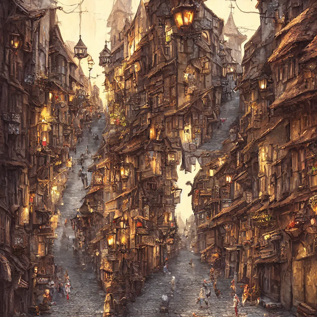 Image similar to a busy fantasy street looking down one street within a fascinating old city, quirky shops, narrow streets, old buildings, cobblestones on the ground, stone steps, street life, by Sylvain Sarrailh, single street, cinematic, simple but effective composition, clean lines, beautiful digital painting, oil painting, detailed, dungeons and dragons, lord of the rings