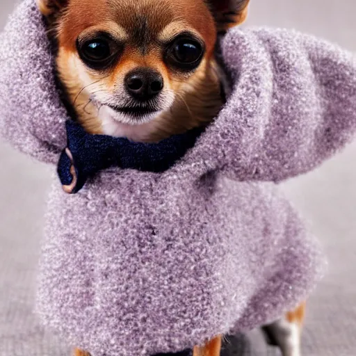 Prompt: a cute chihuahua wearing a fuzzy sweater, high resolution photo