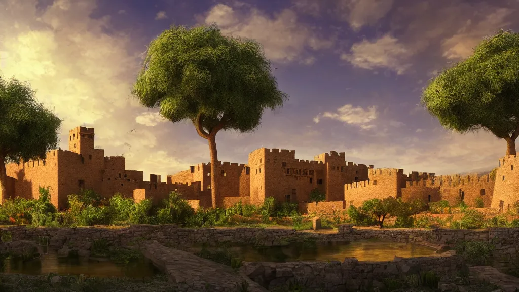 Prompt: adobe castle with rectangle pool surrounded by lemon trees in the desert, game of thrones, volumetric lighting, fantasy artwork, very beautiful scenery, very realistic painting effect, hd, hdr, cinematic 4 k wallpaper, 8 k, ultra detailed, high resolution, artstation