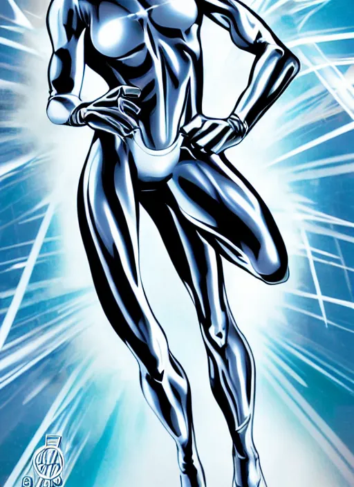 Image similar to A full portrait photo of silver surfer marvel, f/22, 35mm, 2700K, lighting, perfect faces, award winning photography.
