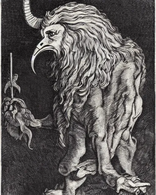 Image similar to a creature with the body and eyes of a man, with the beak of an eagle, the mane of a lion, and the horns of an ox. drawn by francis bacon