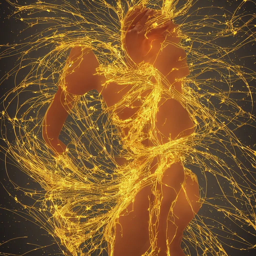 Prompt: radiant human body with thin golden lines, sparks, white cloth, electric wires and electronics, Art Nouveau, Alphonse Mucha, cinematic realistic photo, octane render