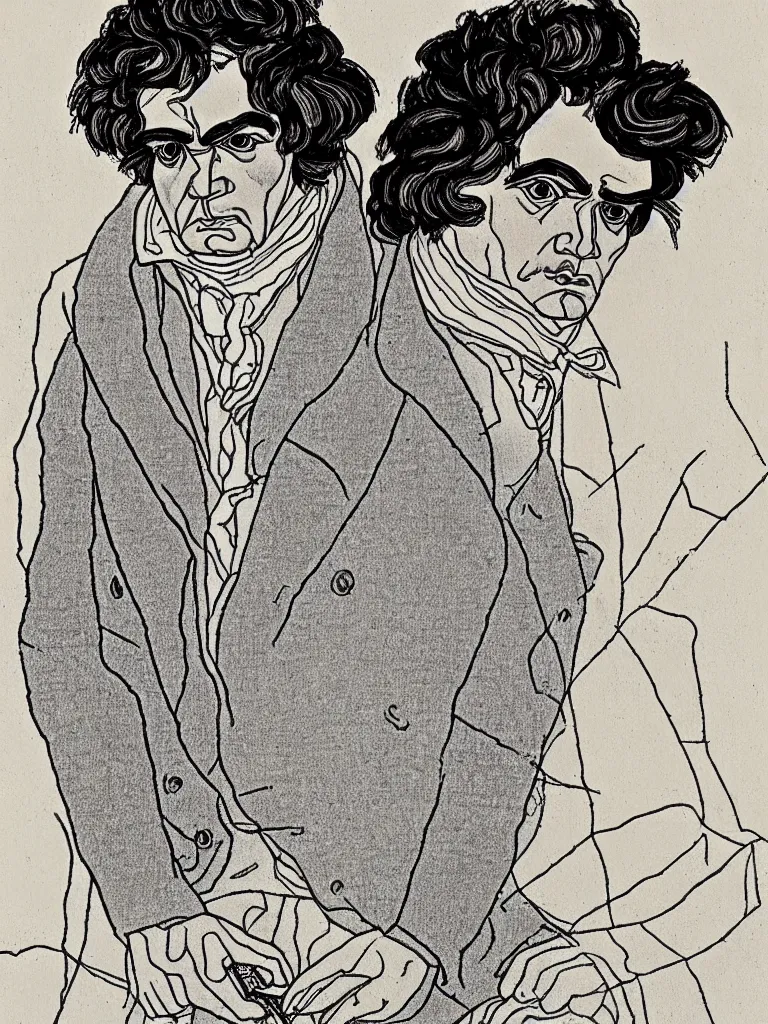 Prompt: a detailed line art portrait of writer beethoven, inspired by the work of egon schiele.