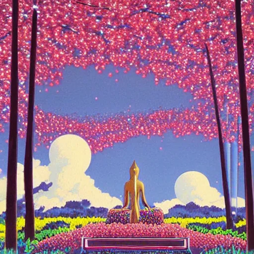 Prompt: a beautiful painting of a large alien shrine shrouded by mystic nebula magic in a field of flowers by hiroshi nagai