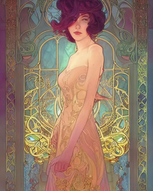 Prompt: secret romance, highly detailed,, art nouveau, gold filigree, romantic storybook fantasy, soft cinematic lighting, award, disney concept art watercolor illustration by mandy jurgens and alphonse mucha and alena aenami, pastel color palette, featured on artstation