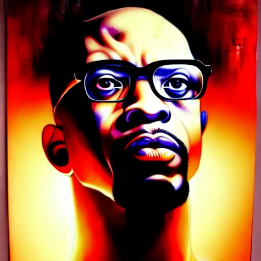 Image similar to uhd photorealistic portrait of albino malcom x, by amano, ayami kojima, greg rutkowski, lisa frank, mark brooks, and karol bak, masterpiece, cinematic composition, dramatic pose, studio lighting, correct face, hyperdetailed, intricate details