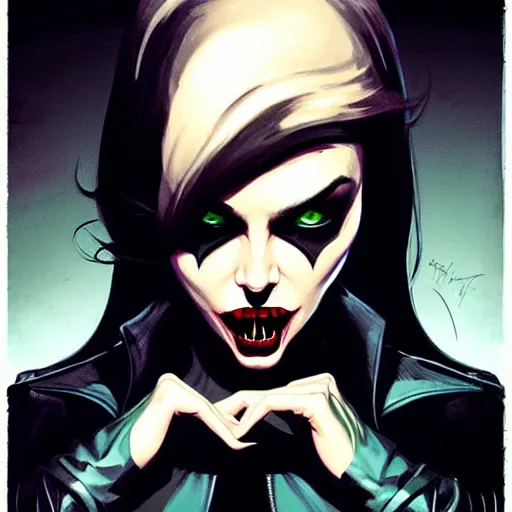 Image similar to rafael albuquerque comic art, peter mohrbacher, steve niles, artgerm, pretty elizabeth olson vampire sharp vampire teeth open mouth, symmetrical eyes, black leather jacket, jeans, long blonde hair