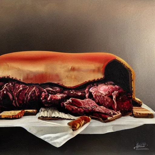 Image similar to dark oil painting of couch with meat spilling out of it, cut in half, surreal