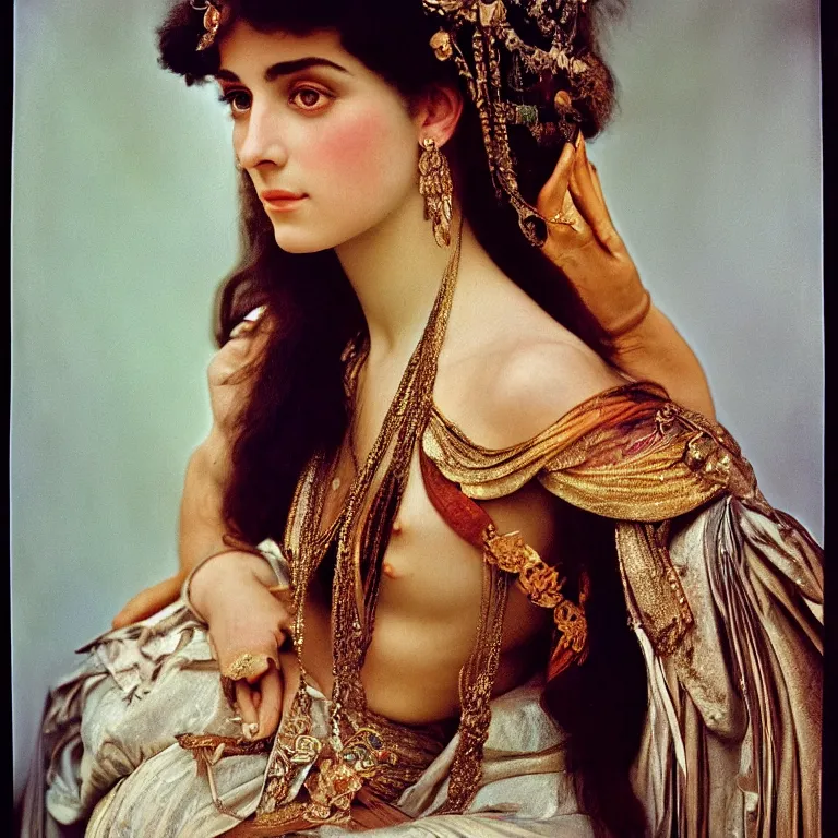 Image similar to a portrait photograph of a beautiful ancient glamorous young lebanese princess by richard avedon styled by alphonse mucha, award winning, cooke 8 5 mm f / 1. 2, lomography color 4 0 0 film stock, low - key studio lighting,