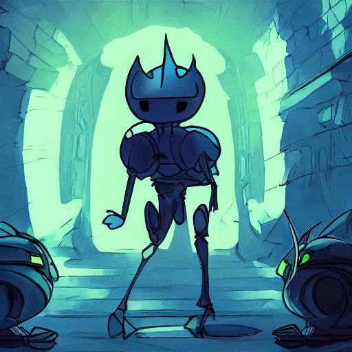 Image similar to Yellow bulb eyes, blue cloak, hidden black body, traveling through the cyberpunk city of hackers, hollow knight style.