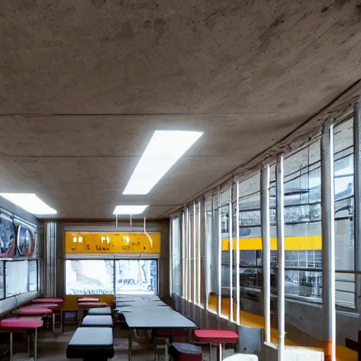 Image similar to brutalist architecture, fast food joint
