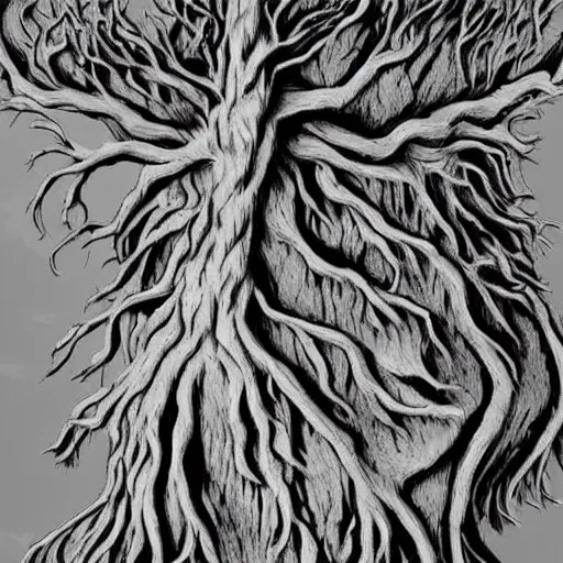 Prompt: old man morphing into a tree, scary, horror, intricate details