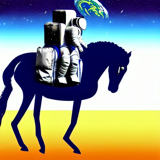 Image similar to an astronaut carrying a heavy backpack in form of horse, concept art, fantasia photo